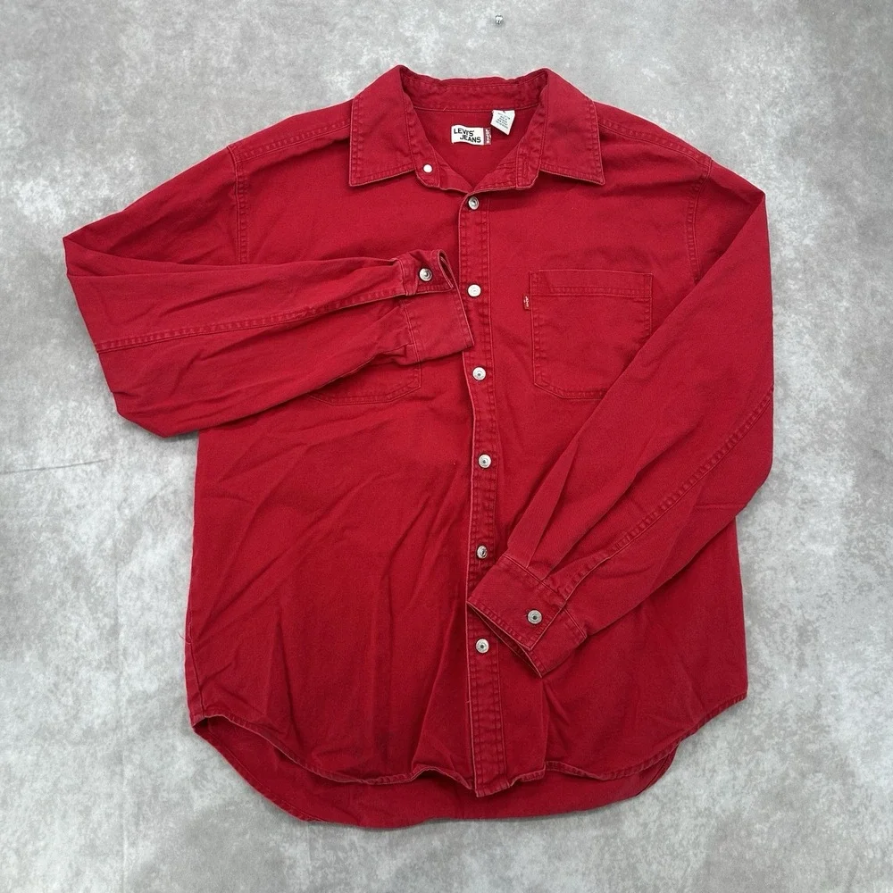 Levi's Red Cotton Denim Jean Western Cowboy Button Down Shirt Men's L